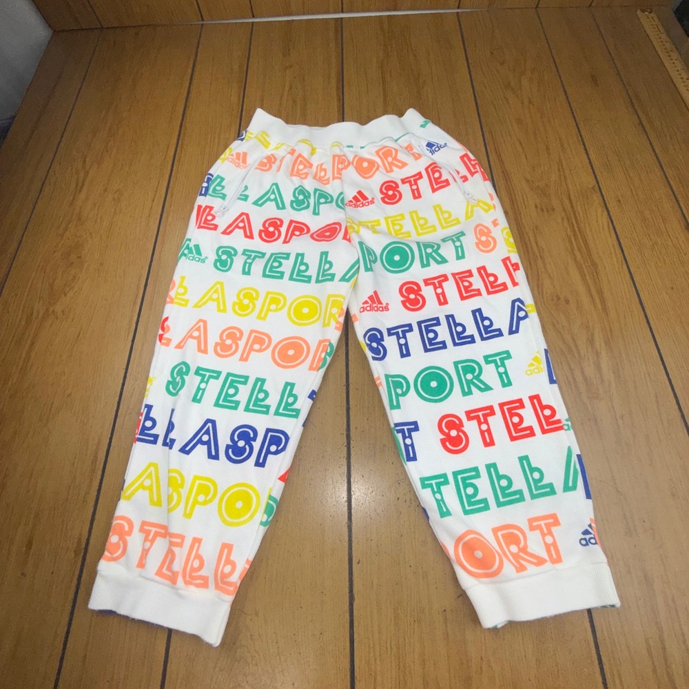 Adidas StellaSport Kids Joggers White Multicolor Logo Print Sweatpants AI8587 XS
